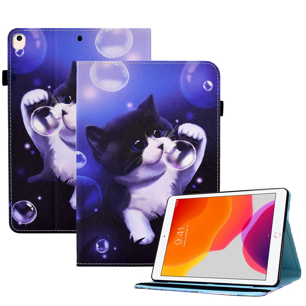For iPad 10.2 (2021) / (2020) / (2019) Pattern Printing Tablet Case PU Leather Stand Elastic Band Protective Cover - Bubble and Cat