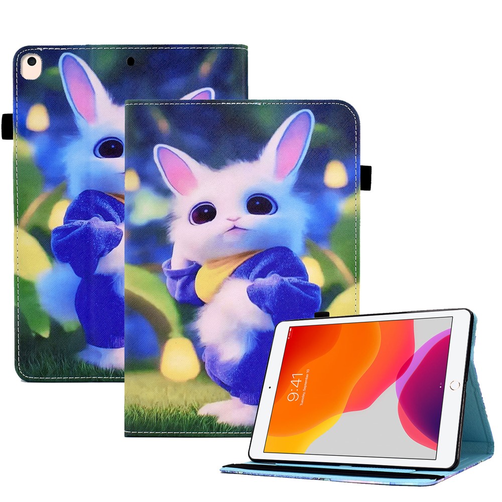 For iPad 10.2 (2021) / (2020) / (2019) Pattern Printing Tablet Case PU Leather Stand Elastic Band Protective Cover - Cute Rabbit