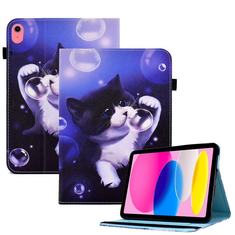 For iPad (2025) / 10.9 (2022) PU Leather Folding Stand Cover Pattern Printing Elastic Band Tablet Case with Card Holder - Bubble and Cat