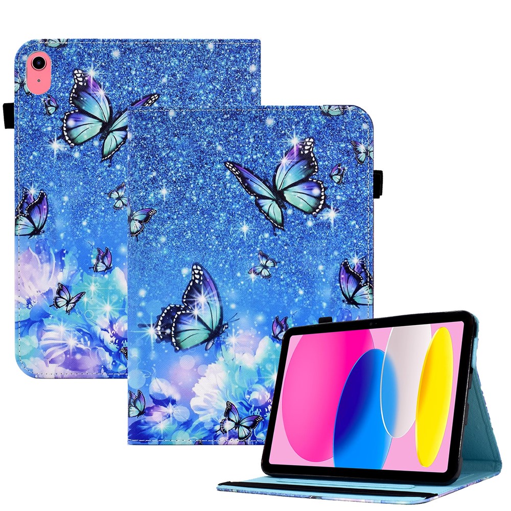 For iPad (2025) / 10.9 (2022) PU Leather Folding Stand Cover Pattern Printing Elastic Band Tablet Case with Card Holder - Flower and Butterfly