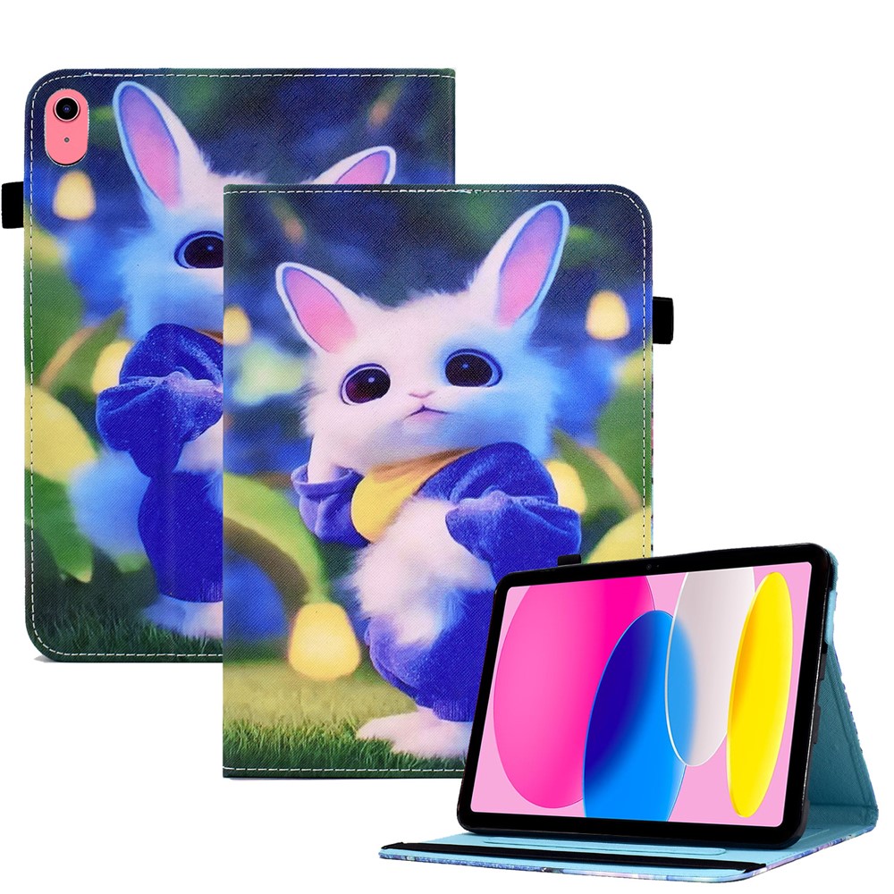 For iPad (2025) / 10.9 (2022) PU Leather Folding Stand Cover Pattern Printing Elastic Band Tablet Case with Card Holder - Cute Rabbit