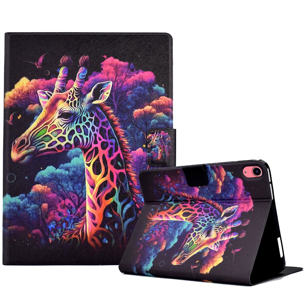 For iPad (2025) / 10.9 (2022) Shockproof Case Pattern Printed Leather Flip Cover Anti-Drop Tablet Case - Giraffe