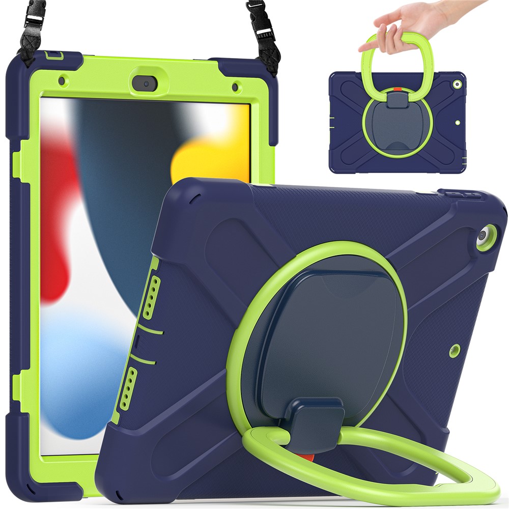For iPad 10.2 (2021) / (2019) / (2020) Rotary Kickstand Tablet Case PC+Silicone Tablet Cover with Shoulder Strap - Navy Blue+Yellowgreen