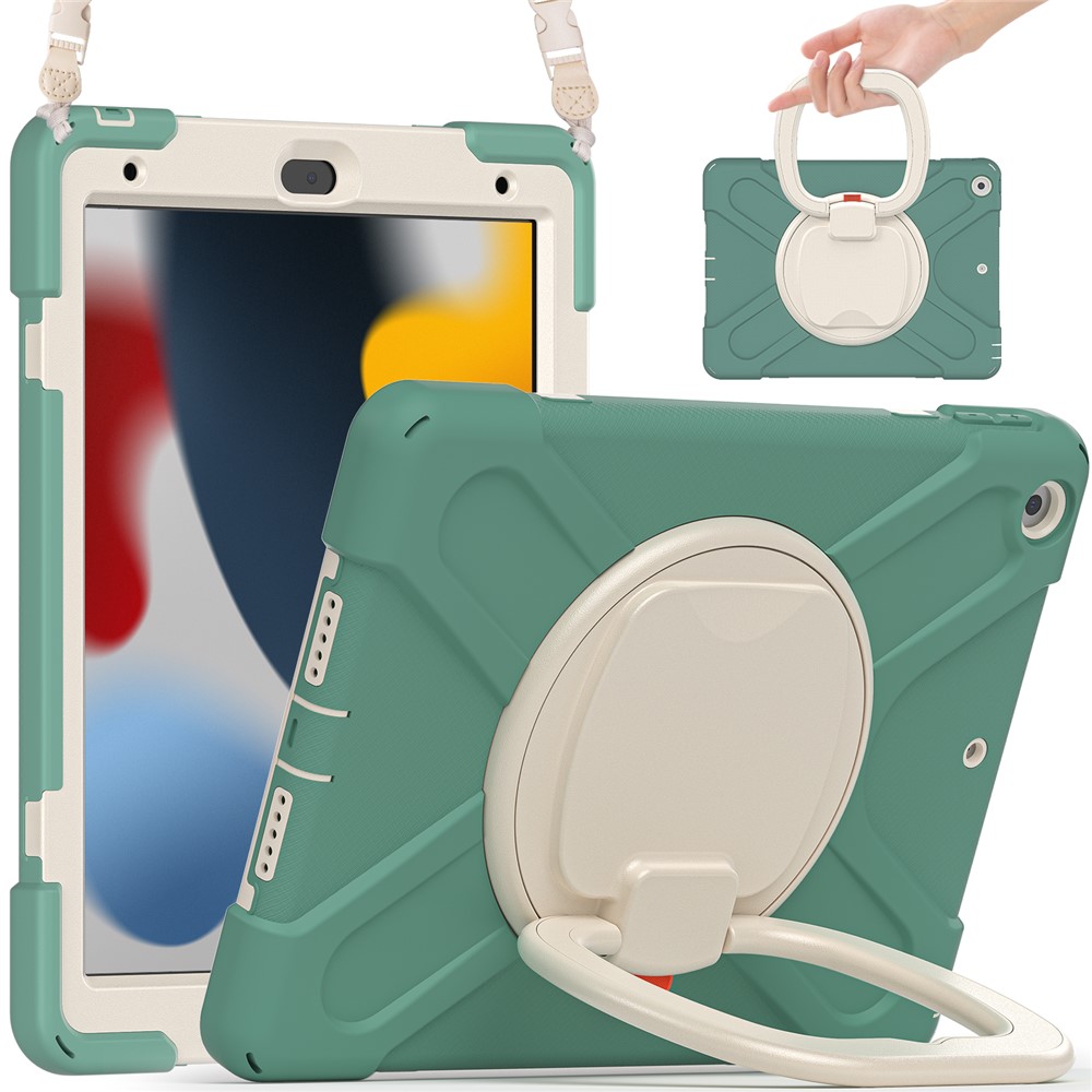 For iPad 10.2 (2021) / (2019) / (2020) Rotary Kickstand Tablet Case PC+Silicone Tablet Cover with Shoulder Strap - Emerald Green