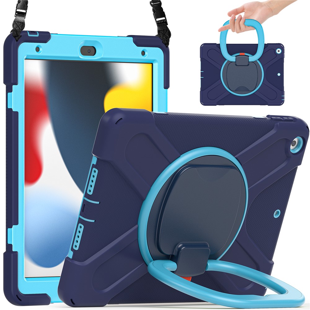 For iPad 10.2 (2021) / (2019) / (2020) Rotary Kickstand Tablet Case PC+Silicone Tablet Cover with Shoulder Strap - Navy Blue+Blue