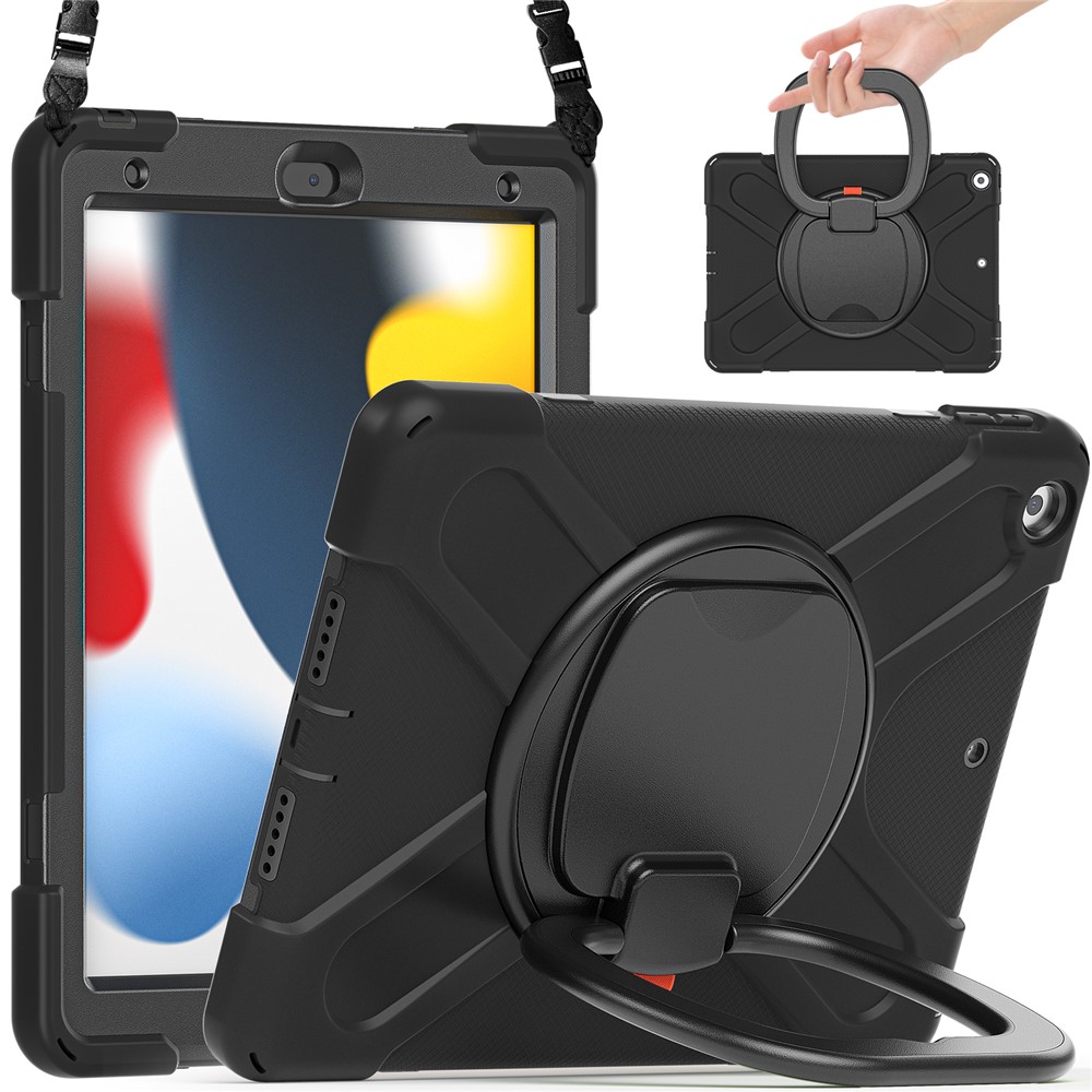 For iPad 10.2 (2021) / (2019) / (2020) Rotary Kickstand Tablet Case PC+Silicone Tablet Cover with Shoulder Strap - Black+Black