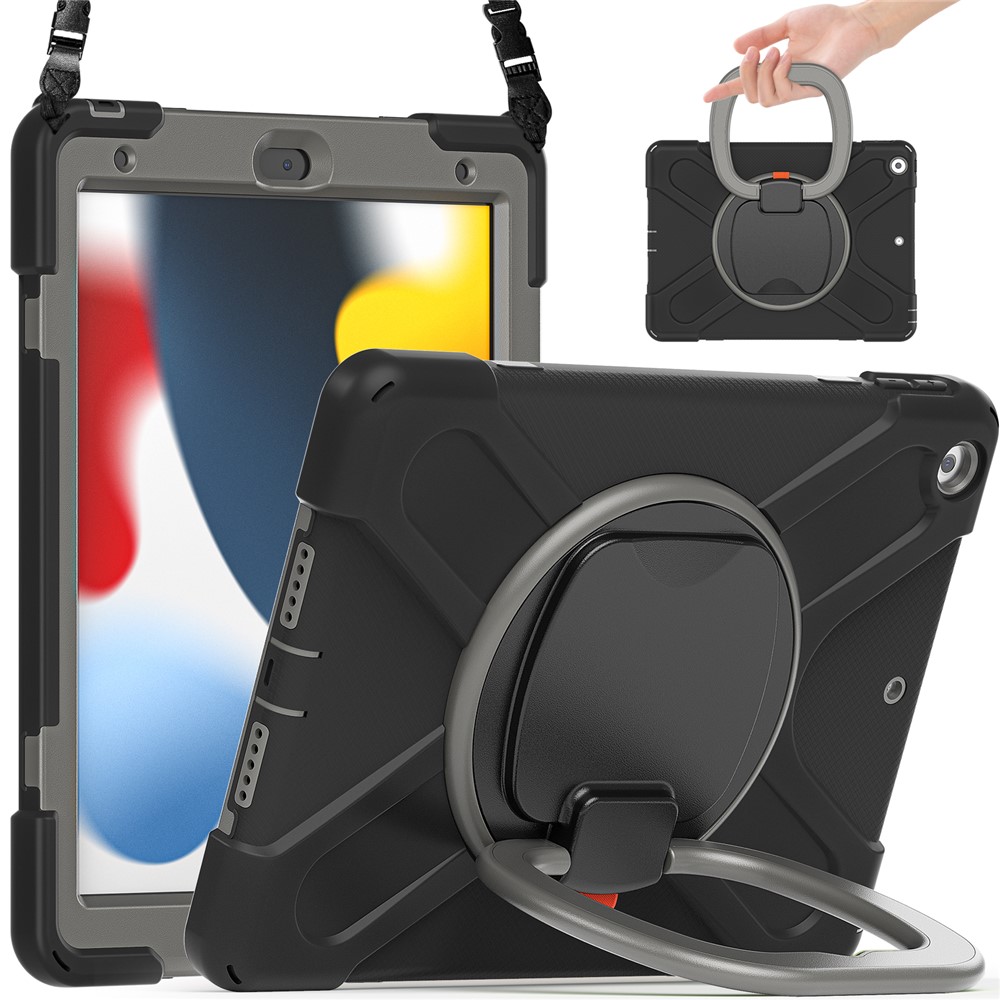 For iPad 10.2 (2021) / (2019) / (2020) Rotary Kickstand Tablet Case PC+Silicone Tablet Cover with Shoulder Strap - Black+Grey