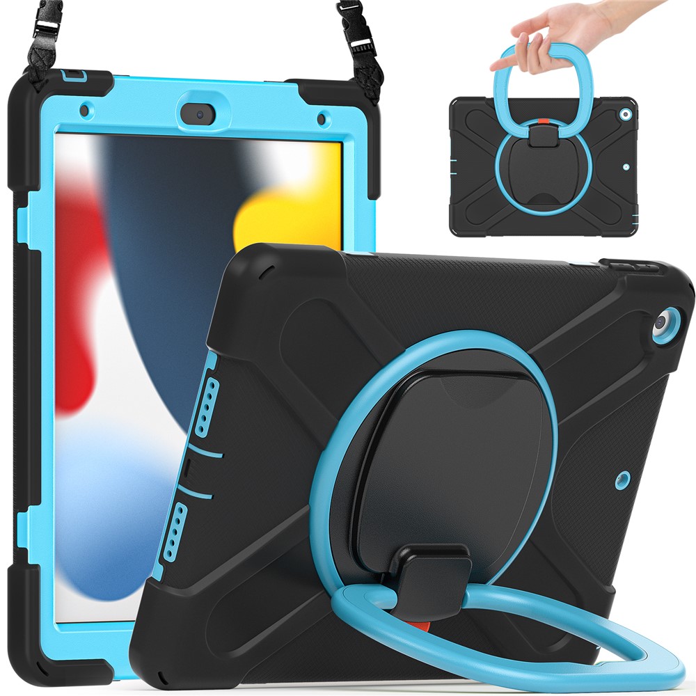 For iPad 10.2 (2021) / (2019) / (2020) Rotary Kickstand Tablet Case PC+Silicone Tablet Cover with Shoulder Strap - Black+Blue