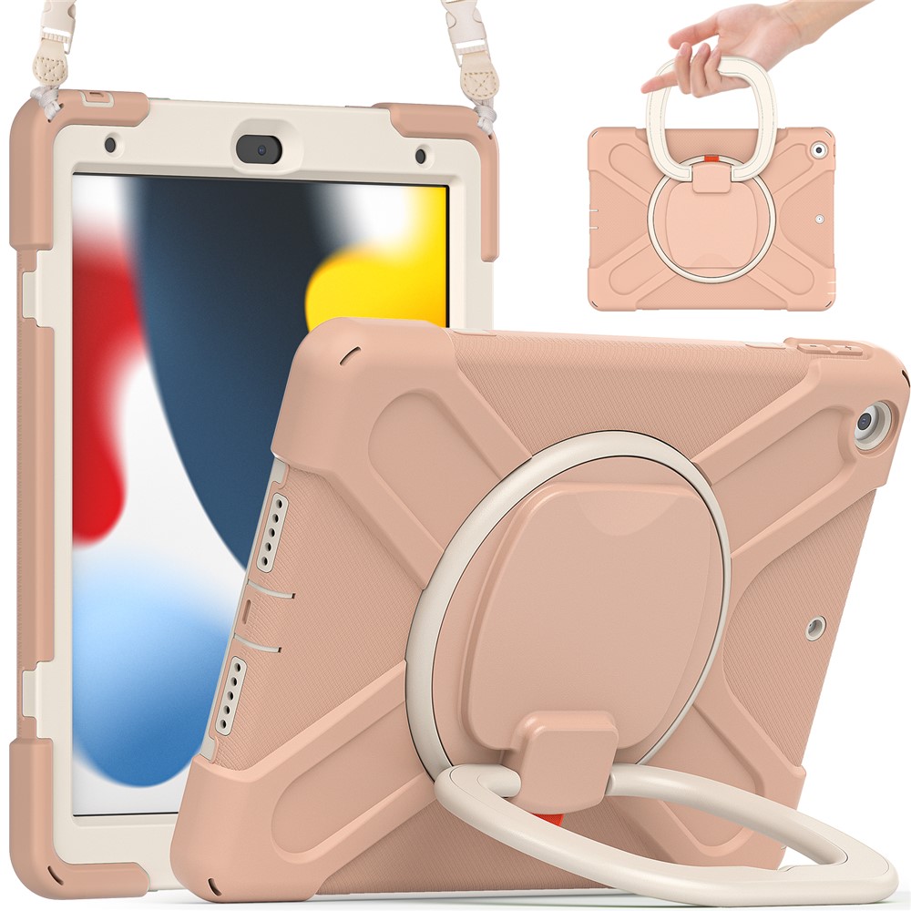For iPad 10.2 (2021) / (2019) / (2020) Rotary Kickstand Tablet Case PC+Silicone Tablet Cover with Shoulder Strap - Rose Gold