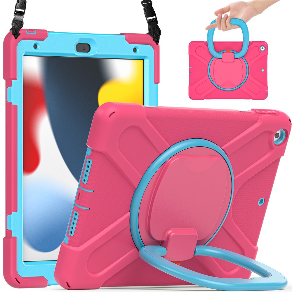 For iPad 10.2 (2021) / (2019) / (2020) Rotary Kickstand Tablet Case PC+Silicone Tablet Cover with Shoulder Strap - Rose+Blue