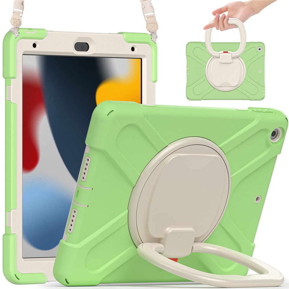For iPad 10.2 (2021) / (2019) / (2020) Rotary Kickstand Tablet Case PC+Silicone Tablet Cover with Shoulder Strap - Matcha Green