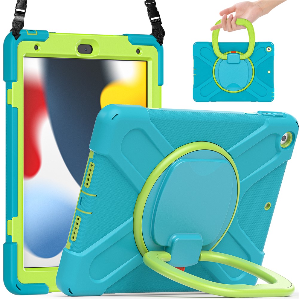For iPad 10.2 (2021) / (2019) / (2020) Rotary Kickstand Tablet Case PC+Silicone Tablet Cover with Shoulder Strap - Baby Blue+Yellowgreen