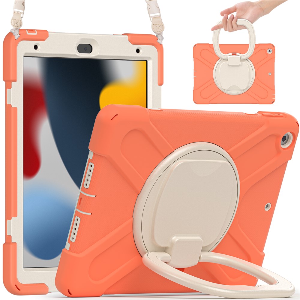 For iPad 10.2 (2021) / (2019) / (2020) Rotary Kickstand Tablet Case PC+Silicone Tablet Cover with Shoulder Strap - Coral Orange
