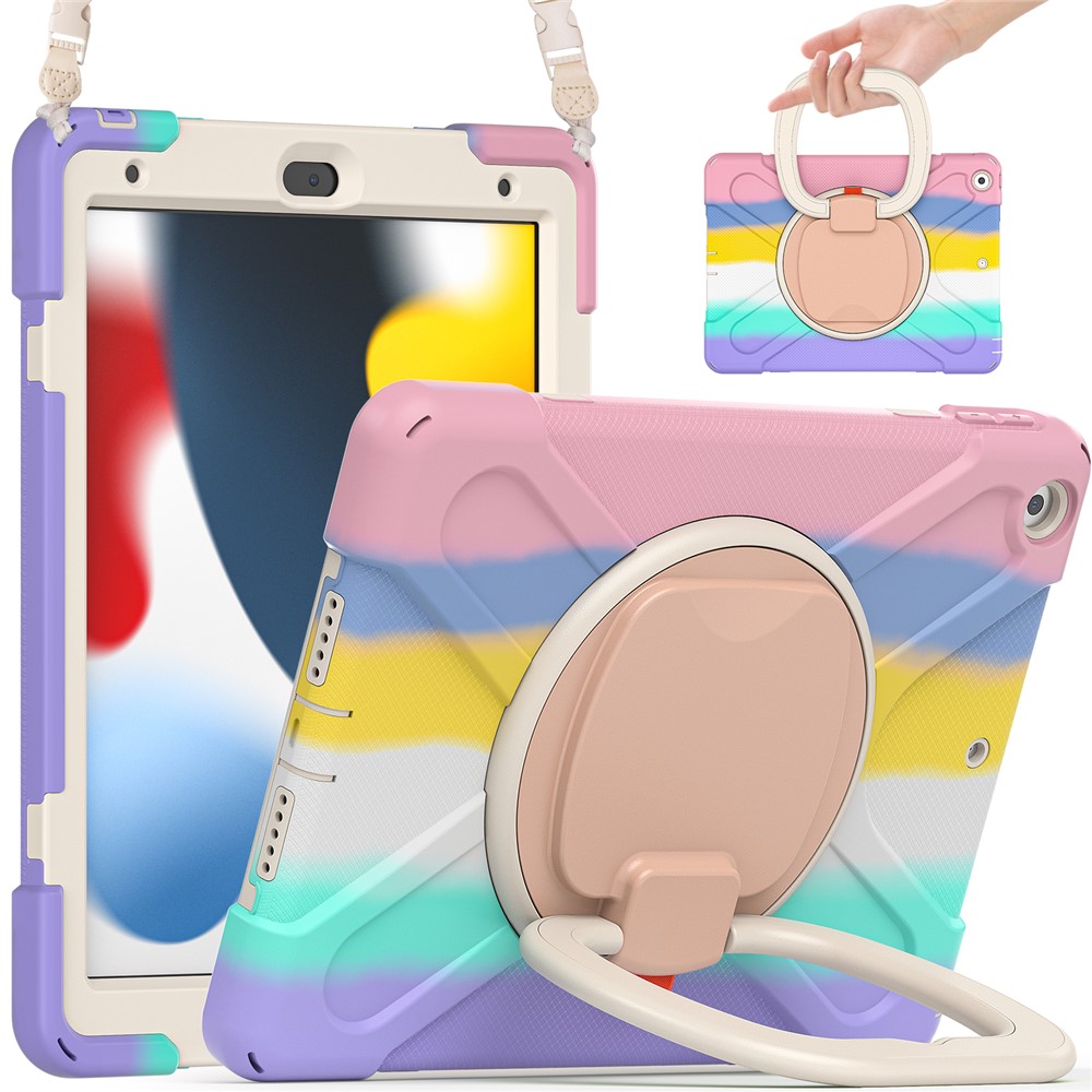 For iPad 10.2 (2021) / (2019) / (2020) Rotary Kickstand Tablet Case PC+Silicone Tablet Cover with Shoulder Strap - Colorful Pink