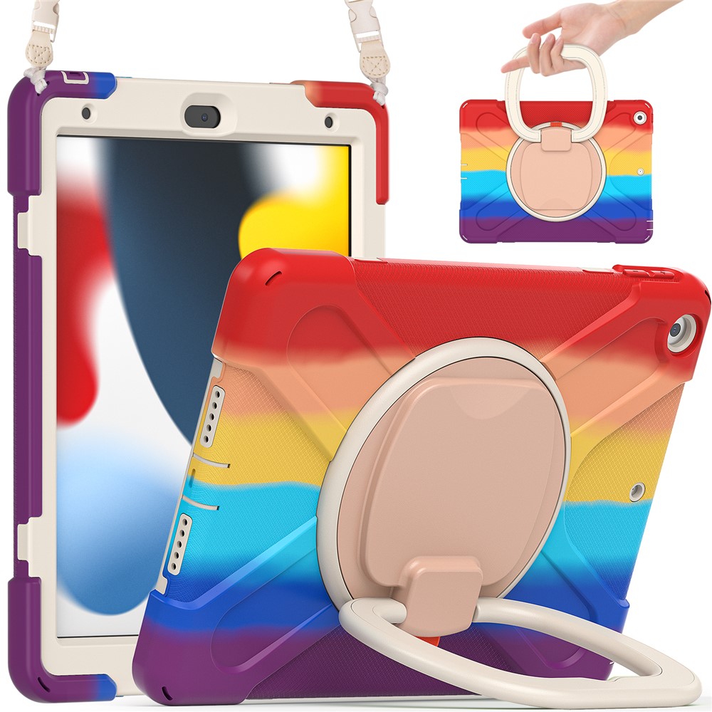 For iPad 10.2 (2021) / (2019) / (2020) Rotary Kickstand Tablet Case PC+Silicone Tablet Cover with Shoulder Strap - Colorful Red