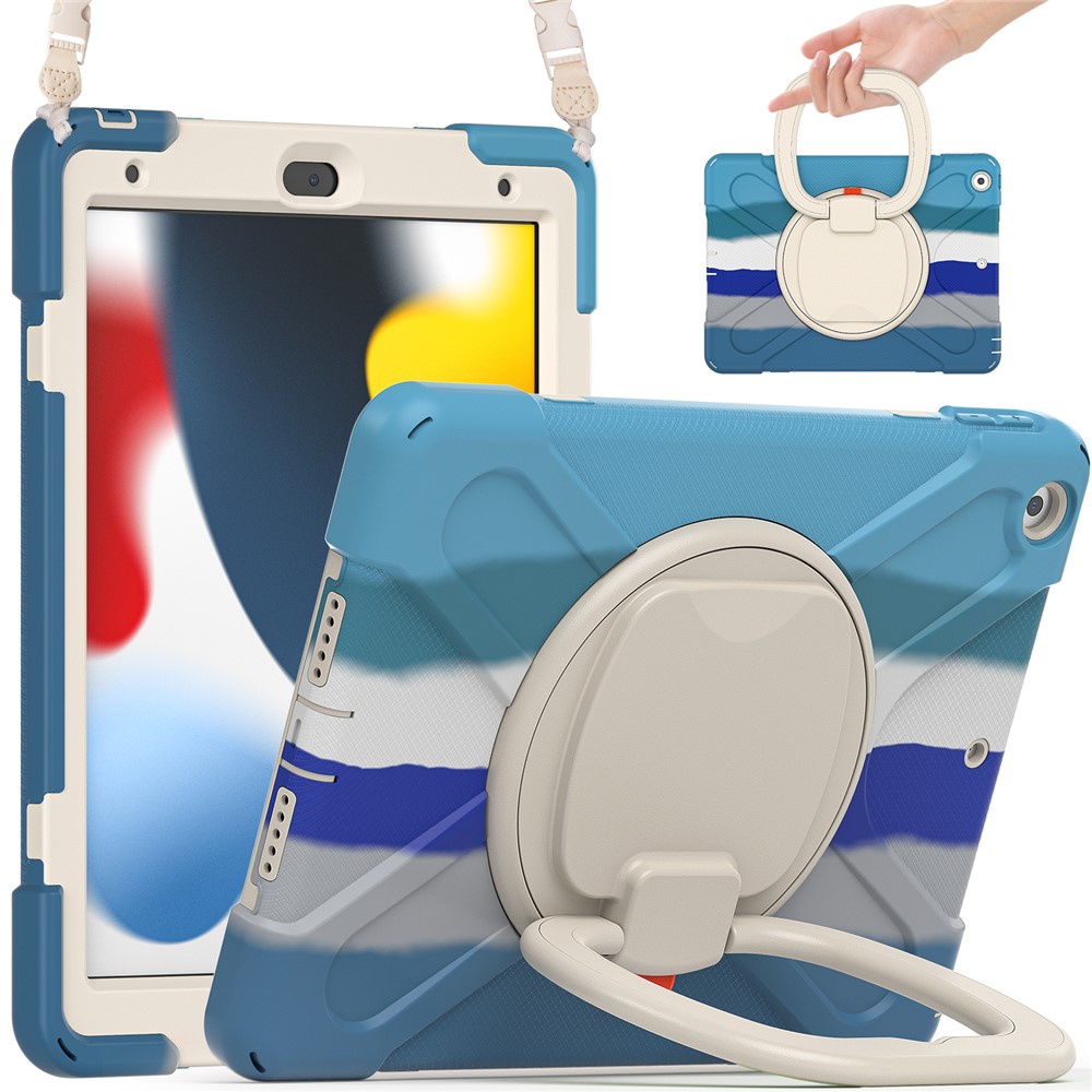 For iPad 10.2 (2021) / (2019) / (2020) Rotary Kickstand Tablet Case PC+Silicone Tablet Cover with Shoulder Strap - Colorful Blue