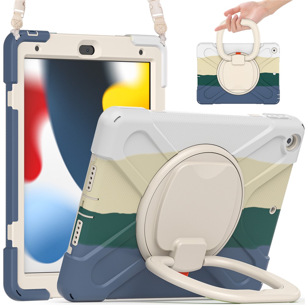 For iPad 10.2 (2021) / (2019) / (2020) Rotary Kickstand Tablet Case PC+Silicone Tablet Cover with Shoulder Strap - Colorful Green