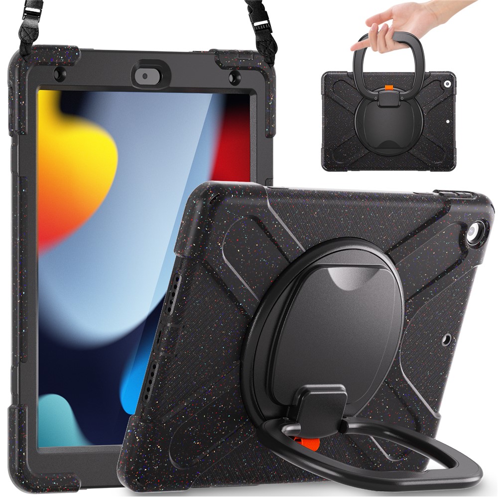 For iPad 10.2 (2021) / (2019) / (2020) Rotary Kickstand Tablet Case PC+Silicone Tablet Cover with Shoulder Strap - Midnight Black