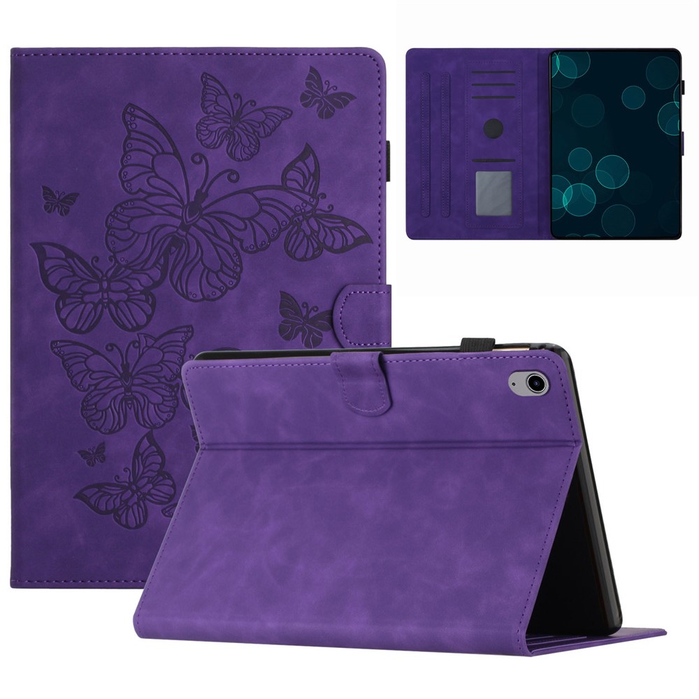 PU Leather Card Holder Tablet Case for iPad 10.9 (2022) , Imprinted Butterfly Tablet Stand Cover - Purple