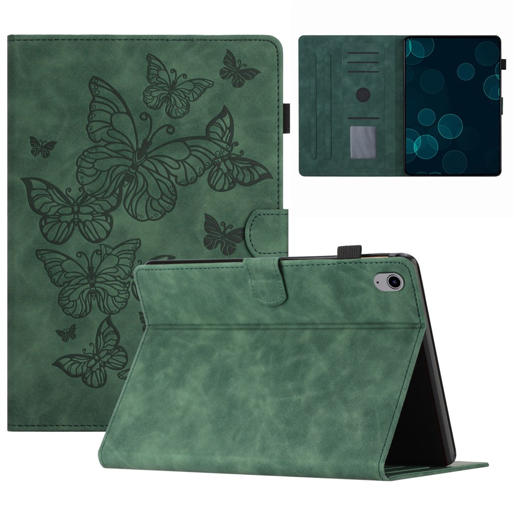 PU Leather Card Holder Tablet Case for iPad 10.9 (2022) , Imprinted Butterfly Tablet Stand Cover - Army Green