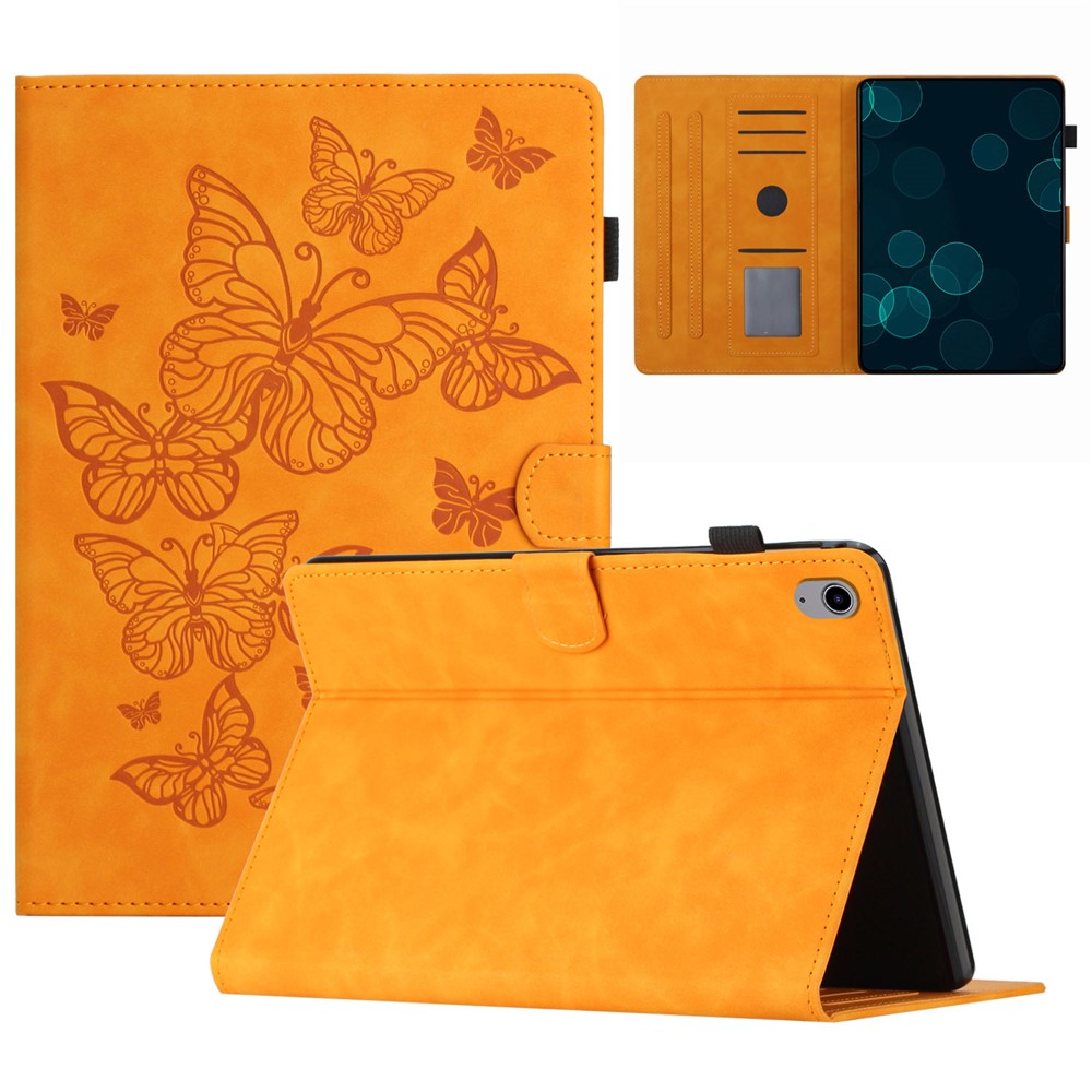 PU Leather Card Holder Tablet Case for iPad 10.9 (2022) , Imprinted Butterfly Tablet Stand Cover - Yellow