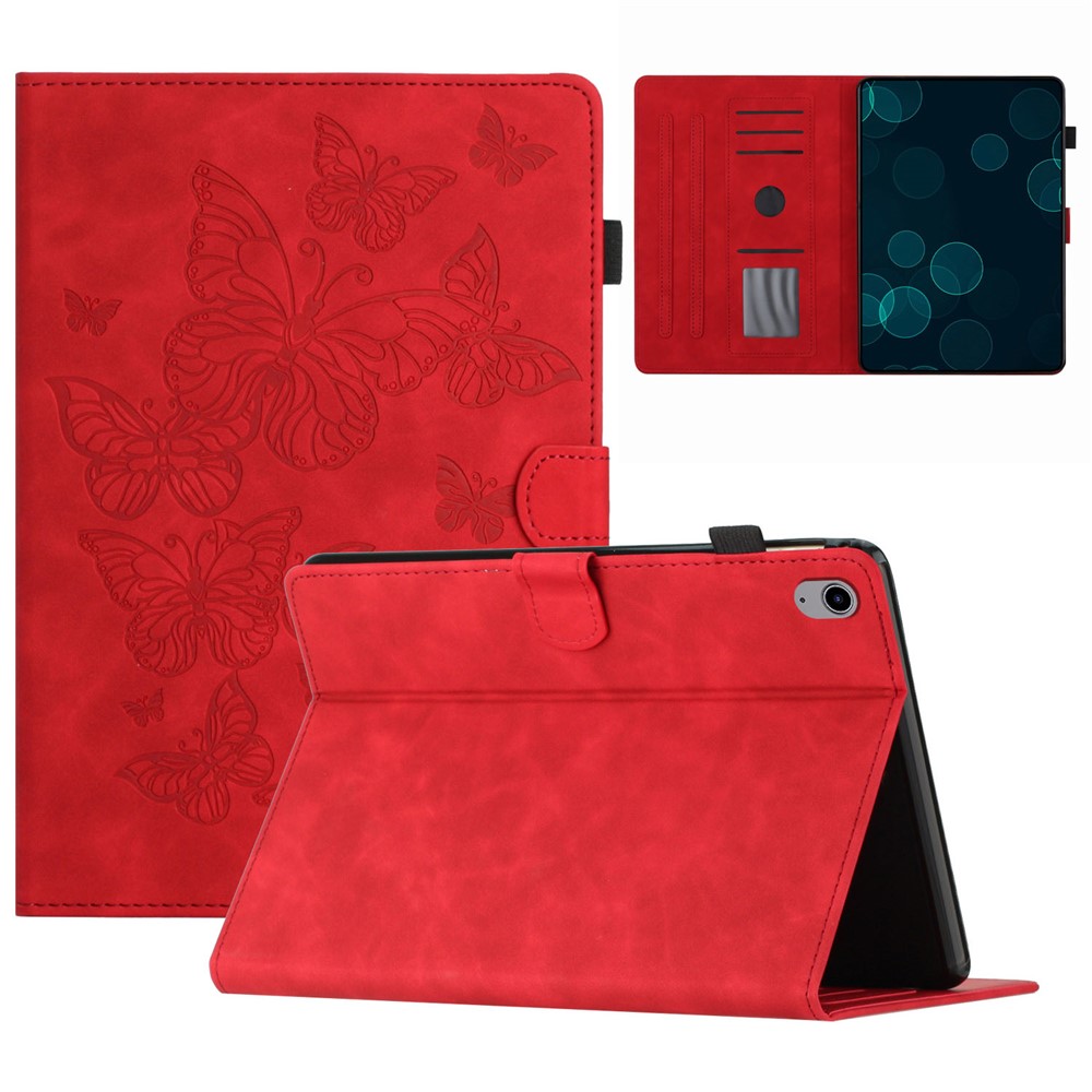 PU Leather Card Holder Tablet Case for iPad 10.9 (2022) , Imprinted Butterfly Tablet Stand Cover - Red