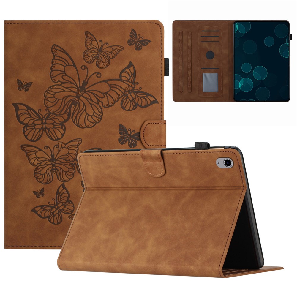 PU Leather Card Holder Tablet Case for iPad 10.9 (2022) , Imprinted Butterfly Tablet Stand Cover - Brown