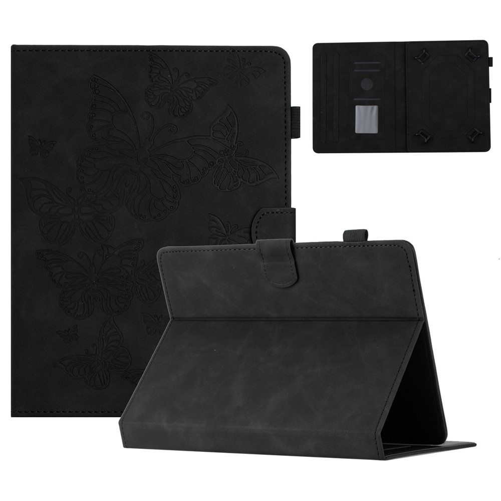 Butterfly Imprinted Stand Case for 10-inch Tablet, Card Holder PU Leather Tablet Cover - Black
