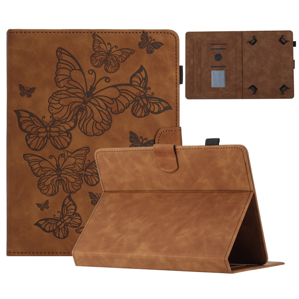 Butterfly Imprinted Stand Case for 10-inch Tablet, Card Holder PU Leather Tablet Cover - Brown