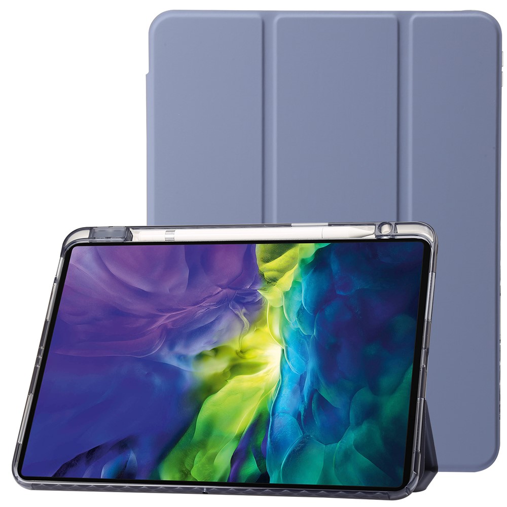 For iPad Pro 12.9-inch (2018) / (2020) / (2021) / (2022) Trifold Stand Tablet Case PU Leather + Clear Acrylic Shell - Purple