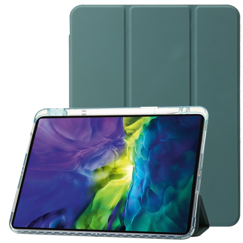 For iPad Pro 12.9-inch (2018) / (2020) / (2021) / (2022) Trifold Stand Tablet Case PU Leather + Clear Acrylic Shell - Blackish Green