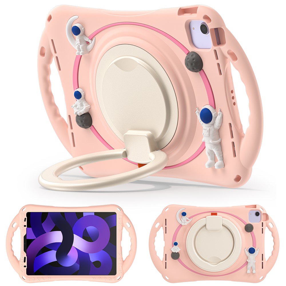 For iPad Air (2022) / (2020) / iPad Pro 11-inch (2018) / (2020) / (2021) / (2022) PC Silicone Case Tablet Case Astronaut Style-B Kickstand Hand Carrying Ring Cover - Pink