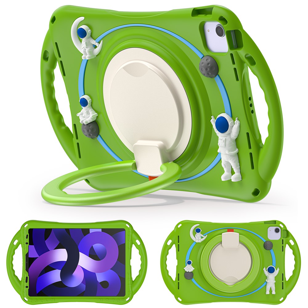 For iPad Air (2022) / (2020) / iPad Pro 11-inch (2018) / (2020) / (2021) / (2022) PC Silicone Case Tablet Case Astronaut Style-B Kickstand Hand Carrying Ring Cover - Green