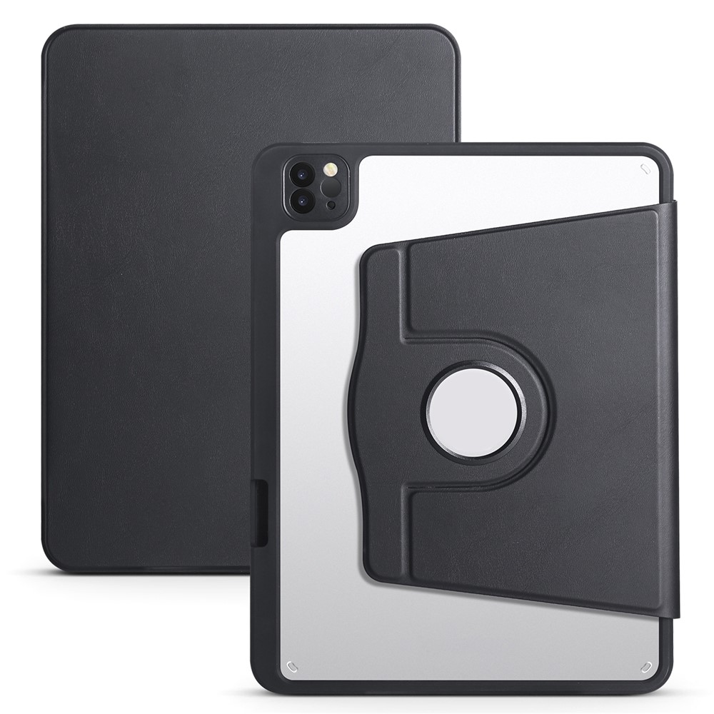For iPad Pro 12.9-inch (2018) / (2020) / (2021) / (2022) PU Leather Cover Rotary Kickstand Acrylic Tablet Case with Pen Holder - Black