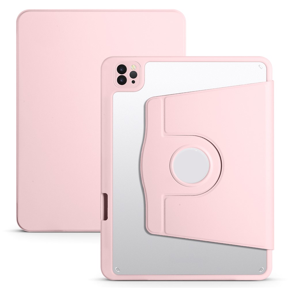 For iPad Pro 12.9-inch (2018) / (2020) / (2021) / (2022) PU Leather Cover Rotary Kickstand Acrylic Tablet Case with Pen Holder - Pink