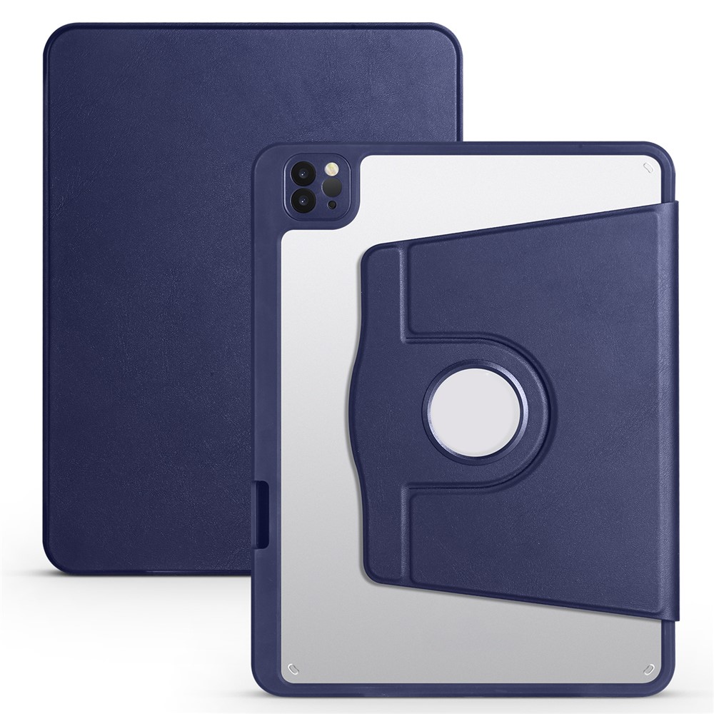 For iPad Pro 12.9-inch (2018) / (2020) / (2021) / (2022) PU Leather Cover Rotary Kickstand Acrylic Tablet Case with Pen Holder - Dark Blue