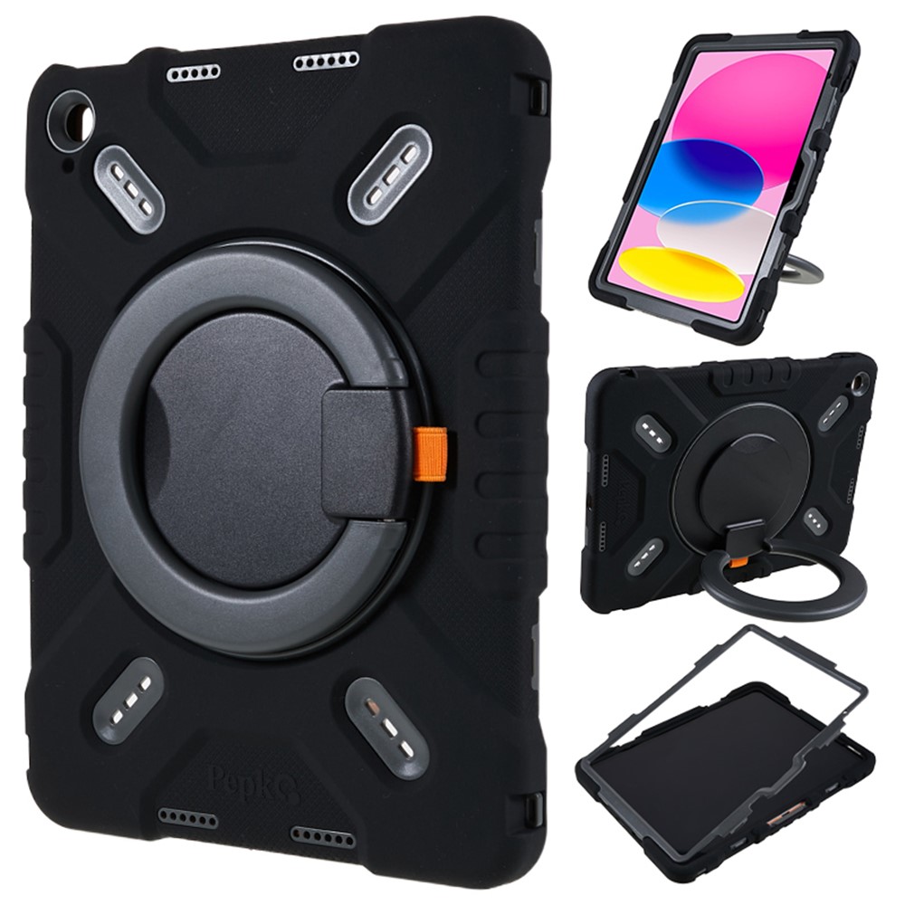 PEPKOO For iPad (2025) / 10.9 (2022) Tablet Case 360 Degree Rotation Kickstand Silicone+PC+ABS Tablet Cover - Black