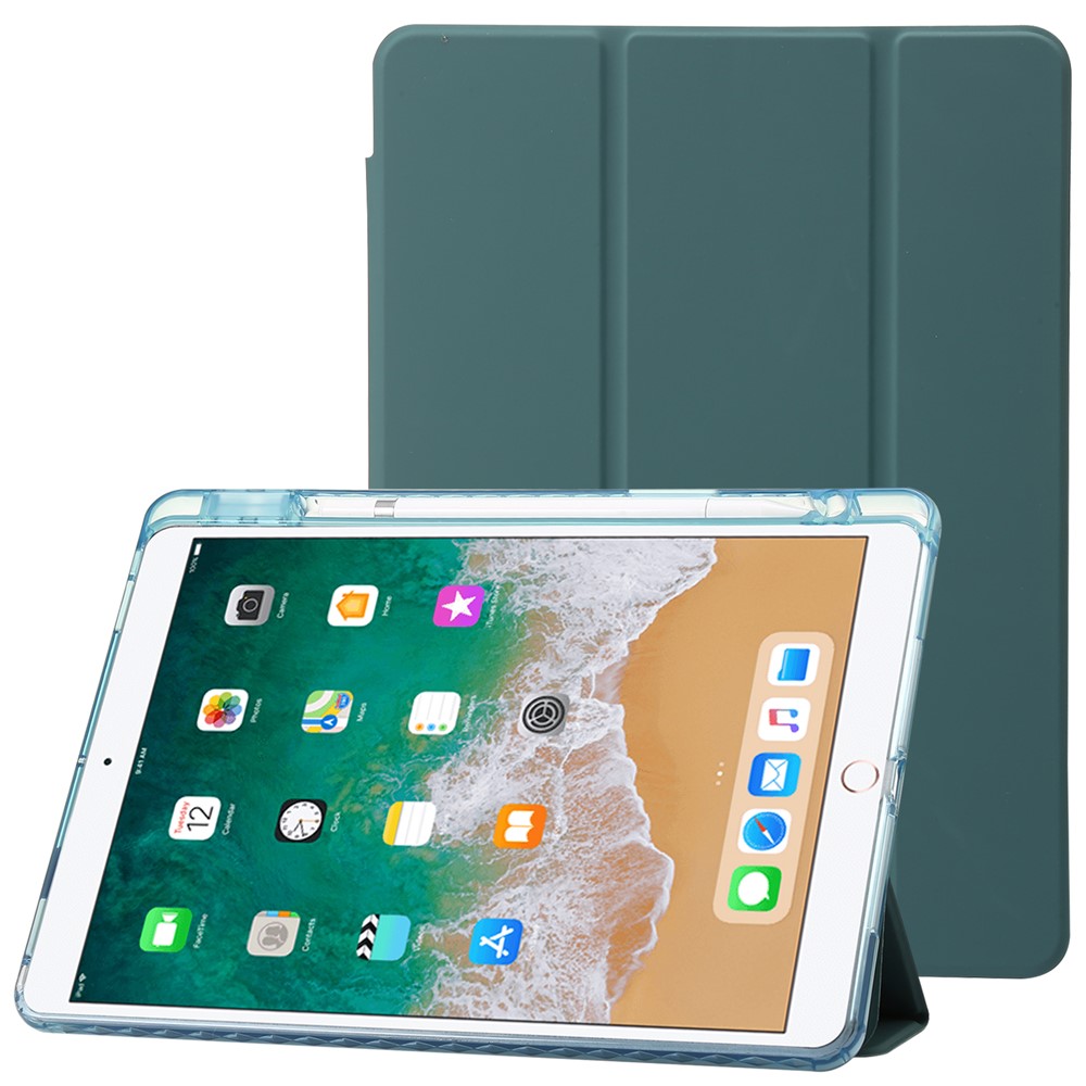 For iPad 10.2 (2021) / (2020) / (2019) Tri-fold Stand Tablet Case PU Leather Transparent Acrylic Tablet Cover - Blackish Green