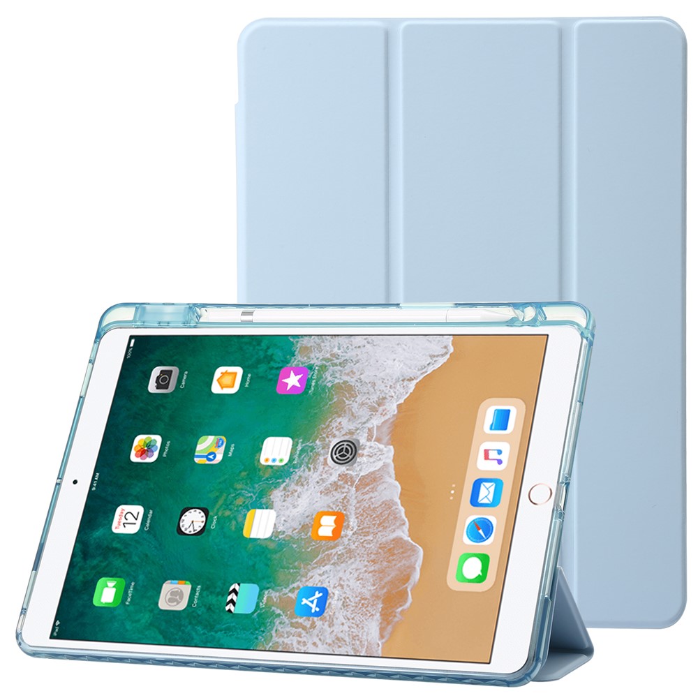 For iPad 10.2 (2021) / (2020) / (2019) Tri-fold Stand Tablet Case PU Leather Transparent Acrylic Tablet Cover - Baby Blue
