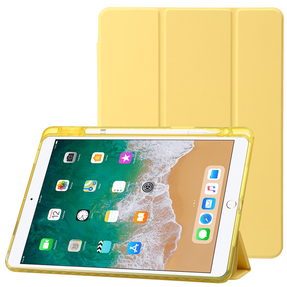 For iPad 10.2 (2021) / (2020) / (2019) Tri-fold Stand Tablet Case PU Leather Transparent Acrylic Tablet Cover - Yellow