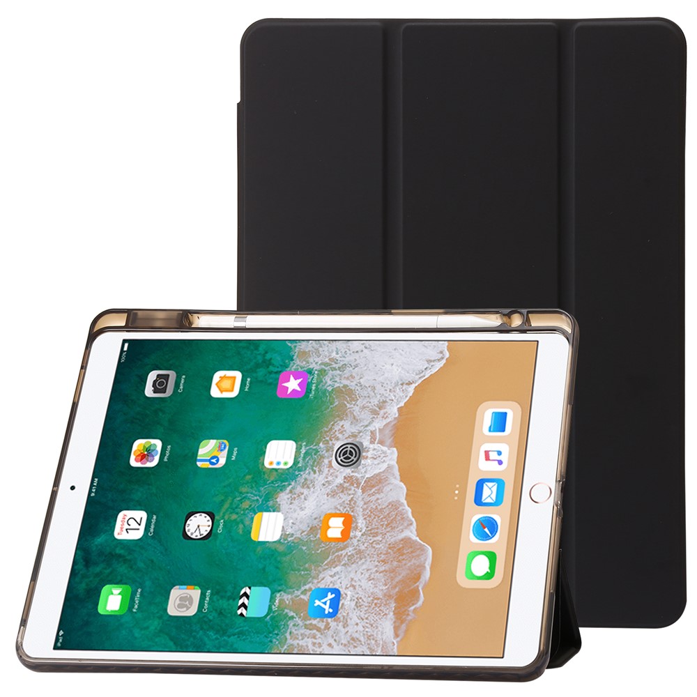 For iPad 10.2 (2021) / (2020) / (2019) Tri-fold Stand Tablet Case PU Leather Transparent Acrylic Tablet Cover - Black