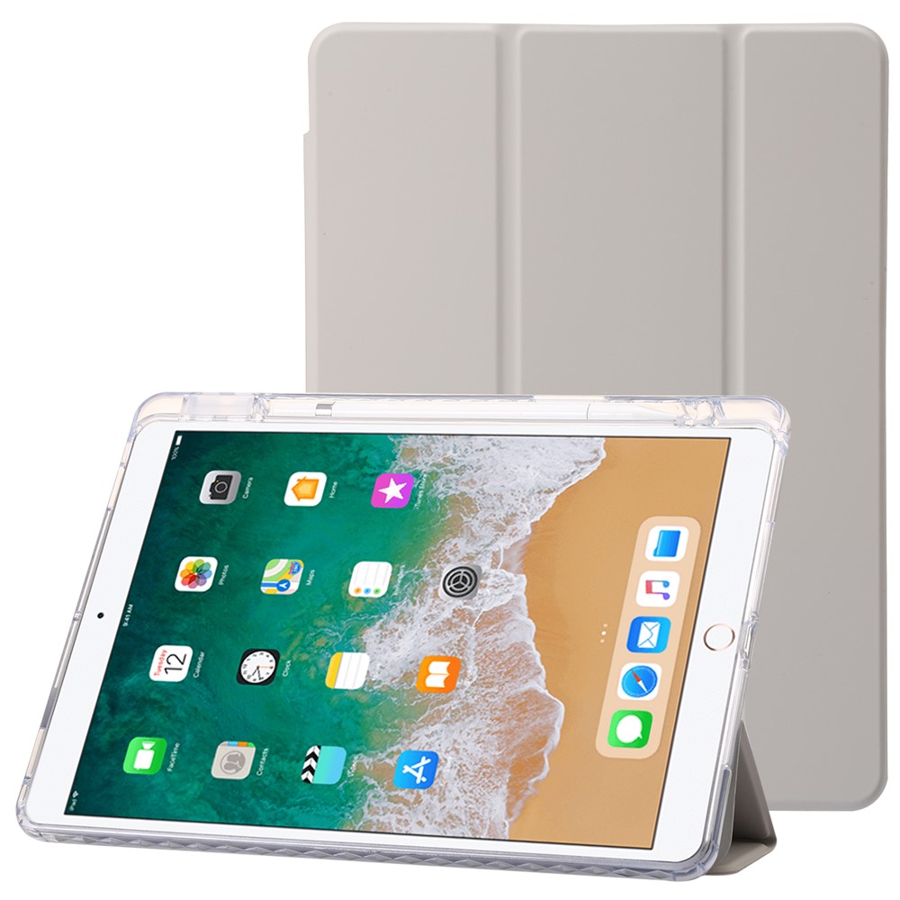 For iPad 10.2 (2021) / (2020) / (2019) Tri-fold Stand Tablet Case PU Leather Transparent Acrylic Tablet Cover - Beige