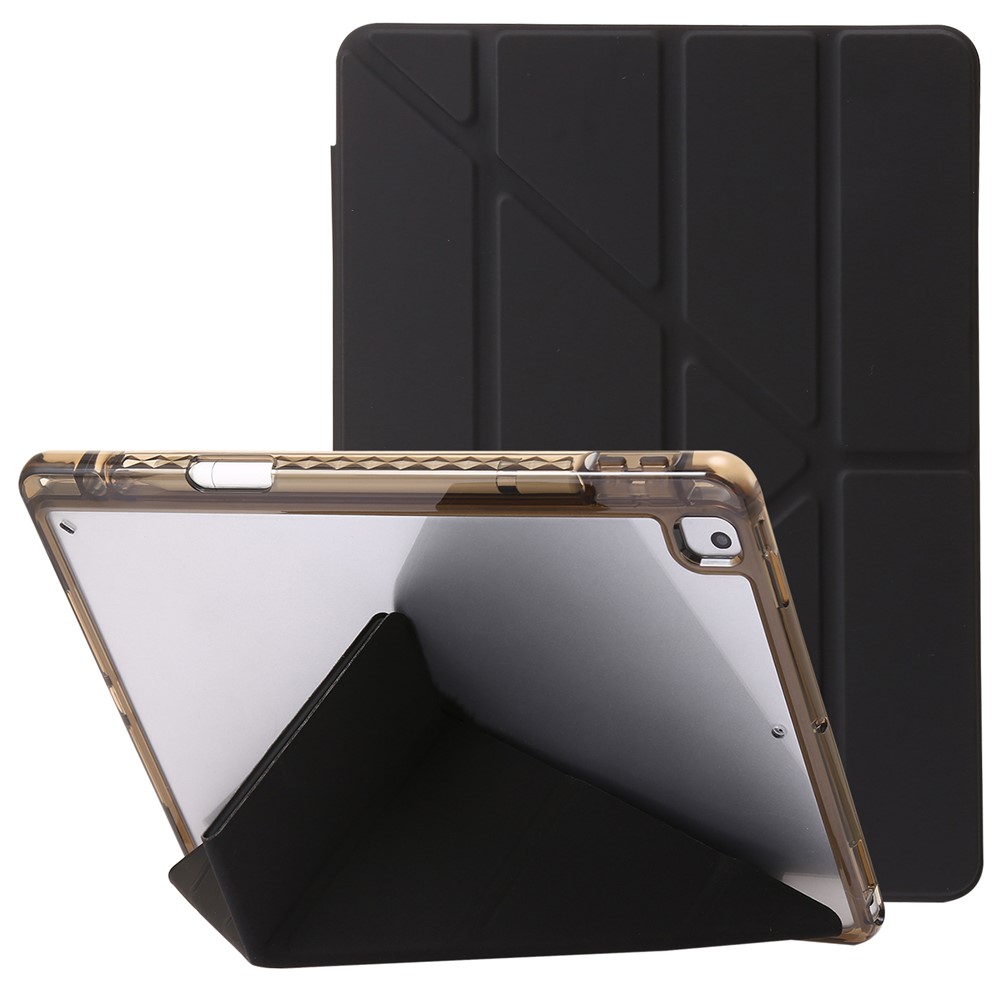 For iPad 10.2 (2021) / (2020) / (2019) Tablet Case Origami Tri-fold Stand PU Leather+Clear Acrylic Cover - Black