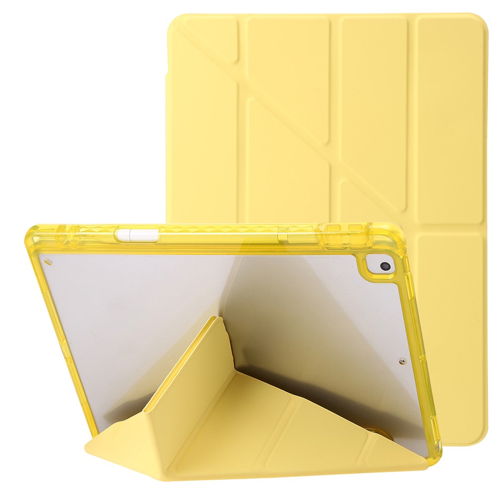 For iPad 10.2 (2021) / (2020) / (2019) Tablet Case Origami Tri-fold Stand PU Leather+Clear Acrylic Cover - Yellow