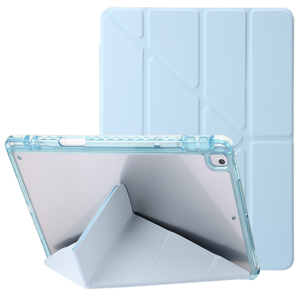 For iPad 10.2 (2021) / (2020) / (2019) Tablet Case Origami Tri-fold Stand PU Leather+Clear Acrylic Cover - Baby Blue