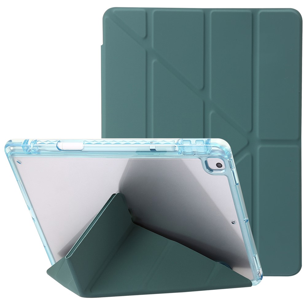 For iPad 10.2 (2021) / (2020) / (2019) Tablet Case Origami Tri-fold Stand PU Leather+Clear Acrylic Cover - Blackish Green