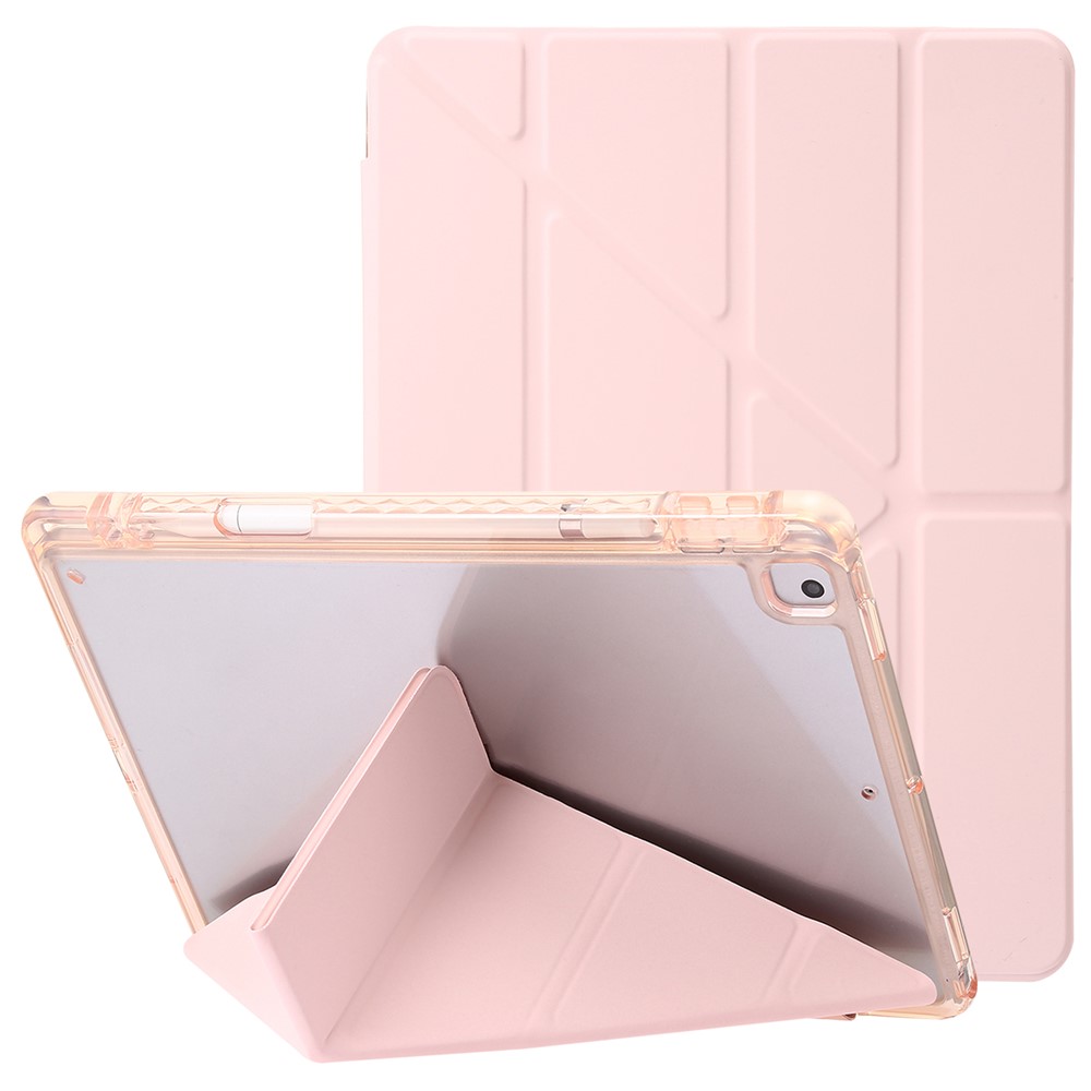 For iPad 10.2 (2021) / (2020) / (2019) Tablet Case Origami Tri-fold Stand PU Leather+Clear Acrylic Cover - Pink