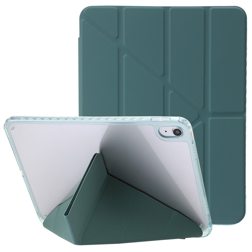 Origami Tri-Fold Stand Tablet Cover for iPad (2025) / 10.9 (2022) PU Leather + Transparent Acrylic Case - Blackish Green