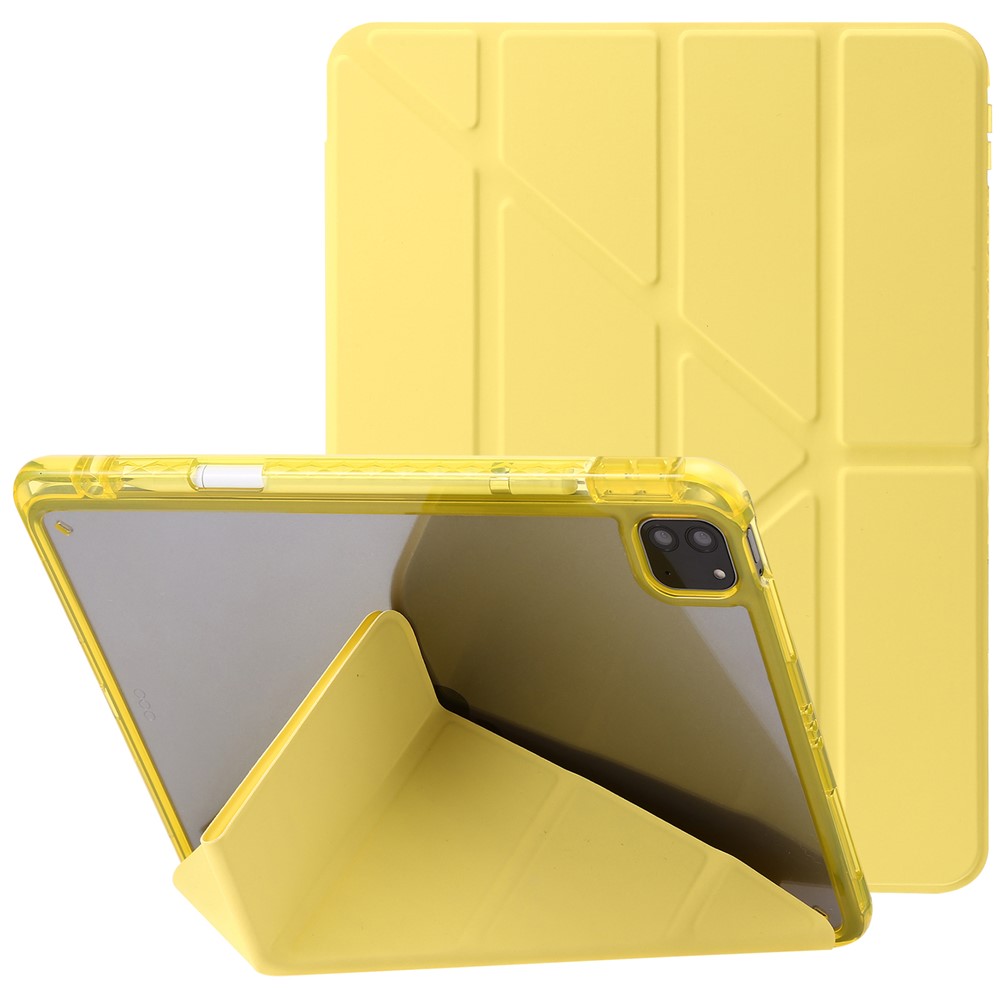 For iPad Pro 12.9 (2022) / (2021) / (2020) / (2018) Origami Tri-fold Stand Case PU Leather Transparent Acrylic Tablet Cover - Yellow