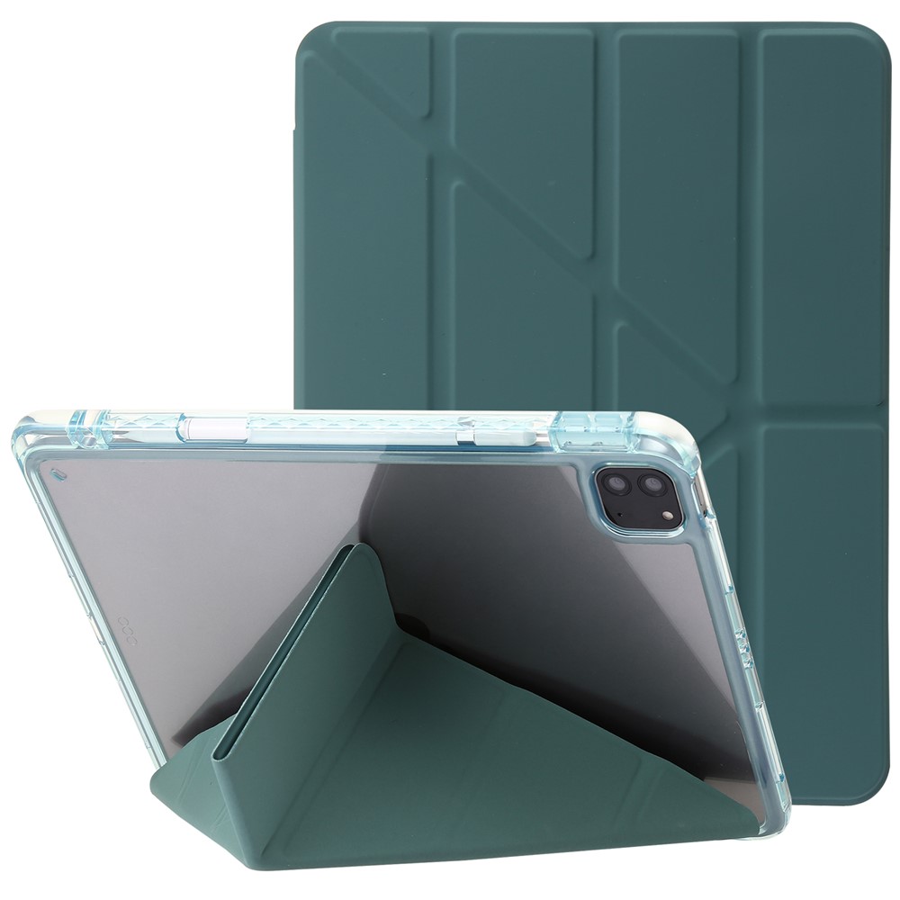 For iPad Pro 12.9 (2022) / (2021) / (2020) / (2018) Origami Tri-fold Stand Case PU Leather Transparent Acrylic Tablet Cover - Blackish Green